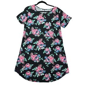 Bobbie Brooks Dress Women's Large Black Floral Stretchy Comfy Knee Length Soft